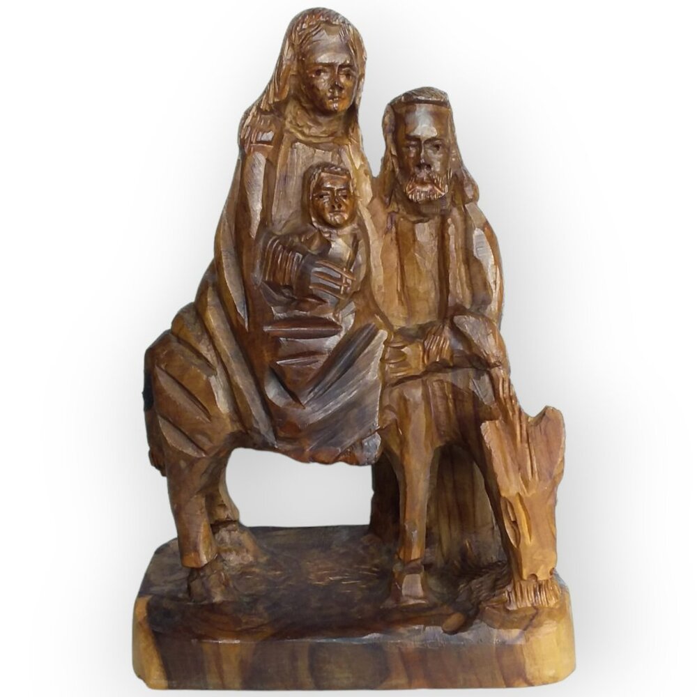 Olive Wood Holy Family Flight to Egypt Sculpture Religious Mary Joseph Baby